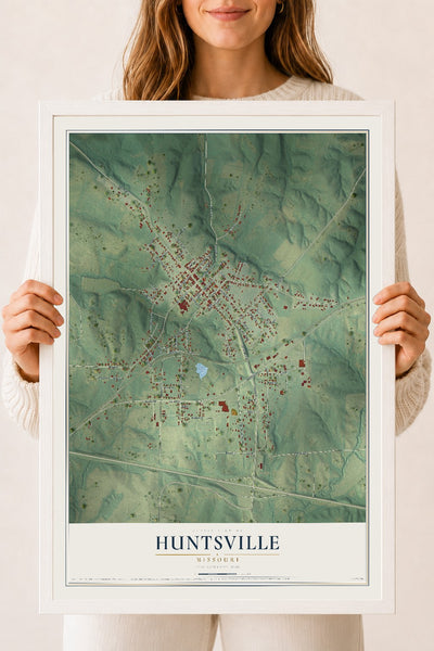 Map of Huntsville, Missouri, 18 x 24 inch print in a white wood frame