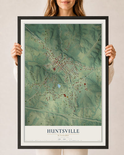 Map of Huntsville, Missouri, 24 x 36 inch print in a black wood frame