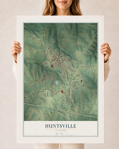 Map of Huntsville, Missouri, 24 x 36 inch print in a white wood frame