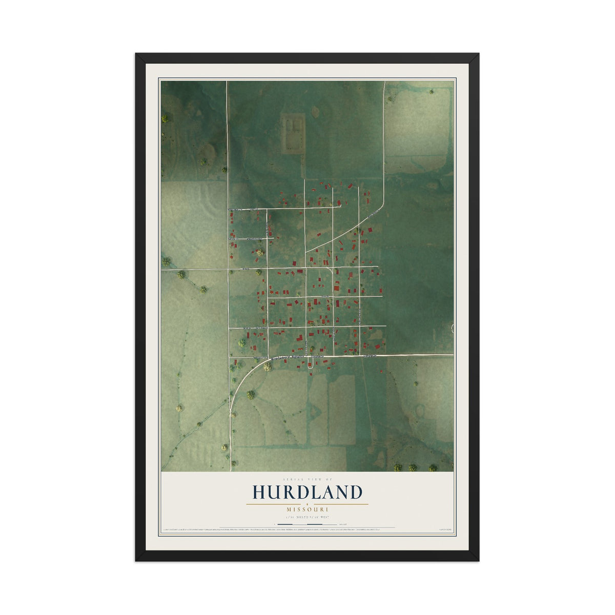 Map of Hurdland, Missouri, 12 x 18 inch print in a black wood frame