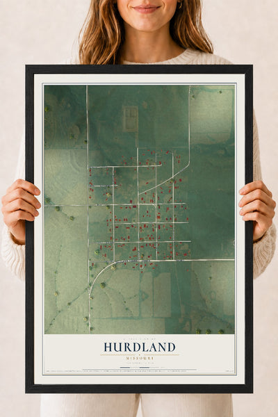 Map of Hurdland, Missouri, 18 x 24 inch print in a black wood frame
