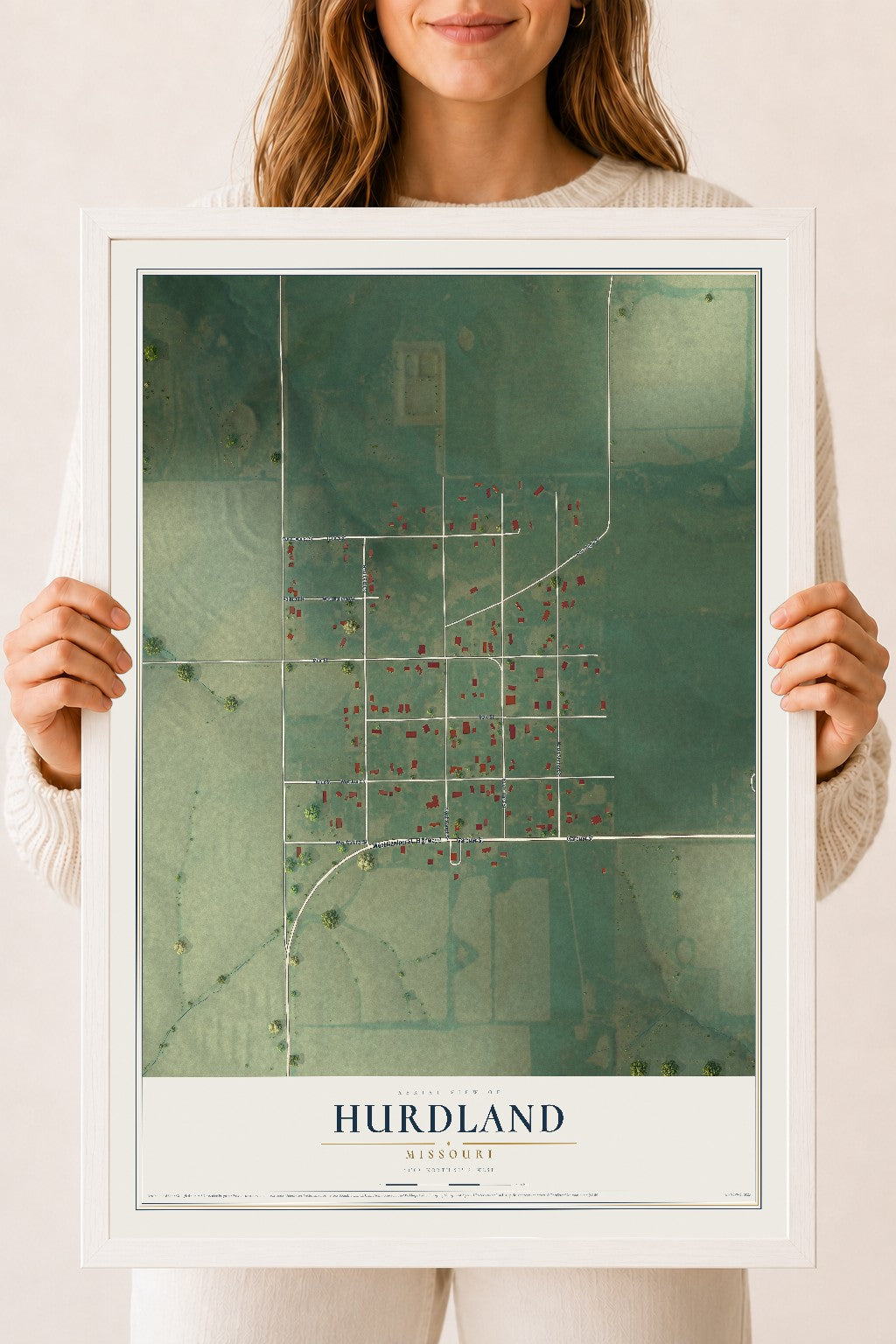 Map of Hurdland, Missouri, 18 x 24 inch print in a white wood frame