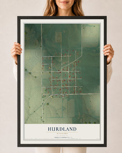 Map of Hurdland, Missouri, 24 x 36 inch print in a black wood frame