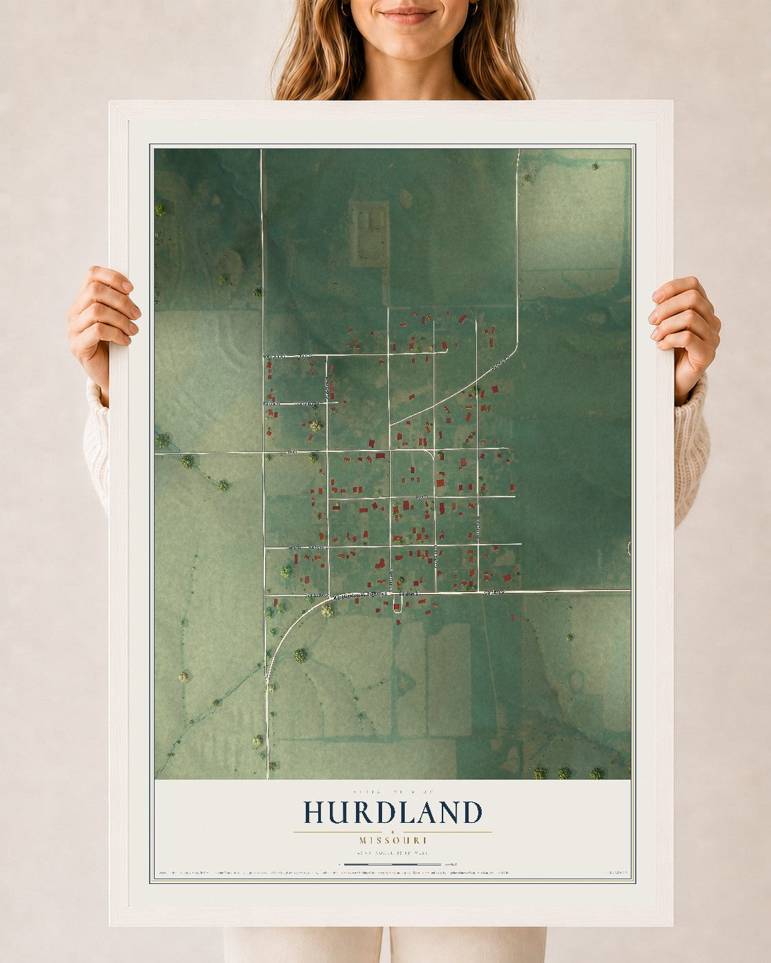 Map of Hurdland, Missouri, 24 x 36 inch print in a white wood frame