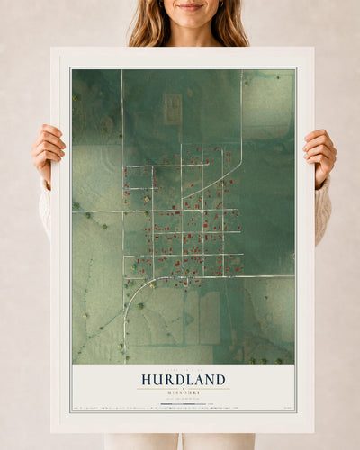 Map of Hurdland, Missouri, 24 x 36 inch print in a white wood frame