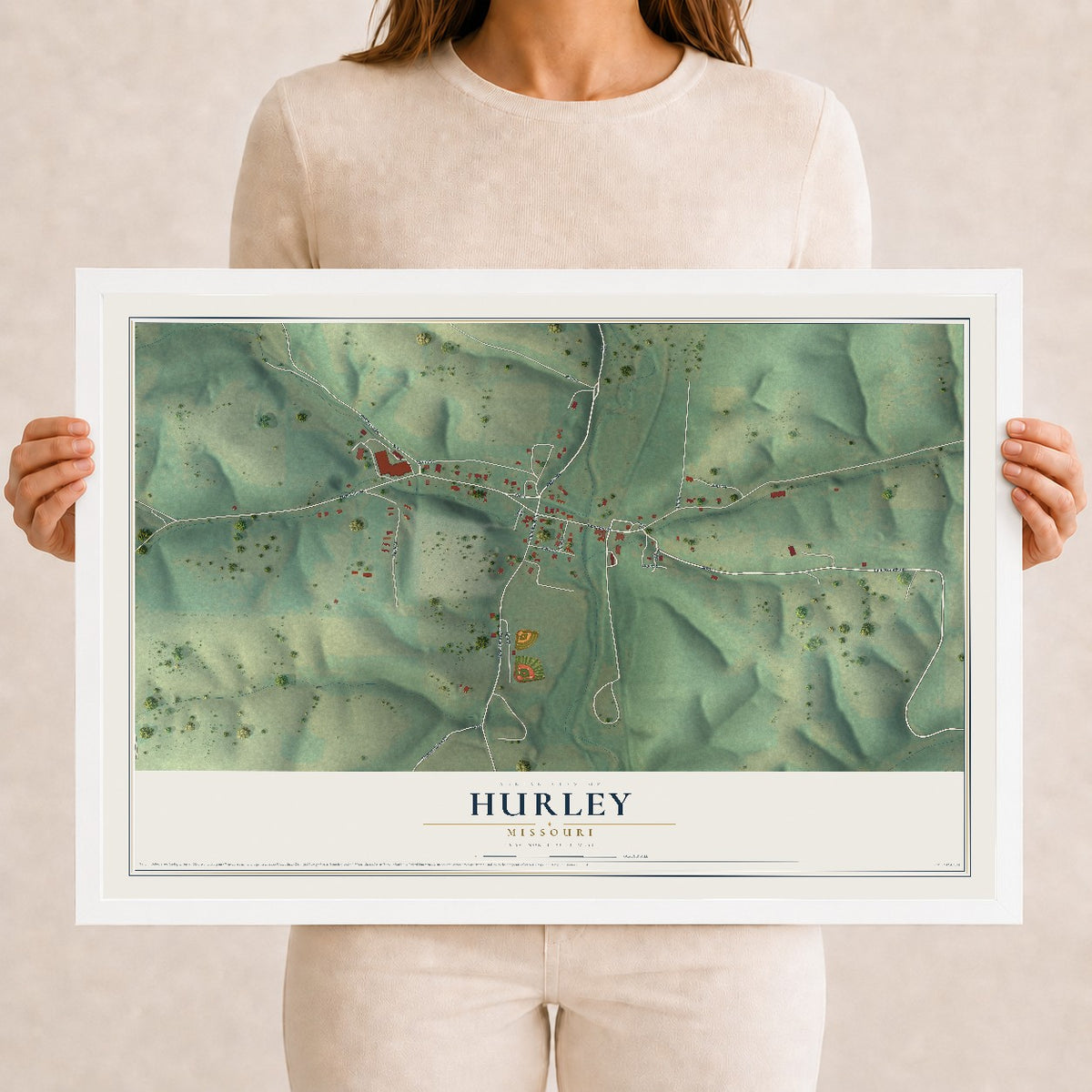 Map of Hurley, Missouri, 12 x 18 inch print in a white wood frame