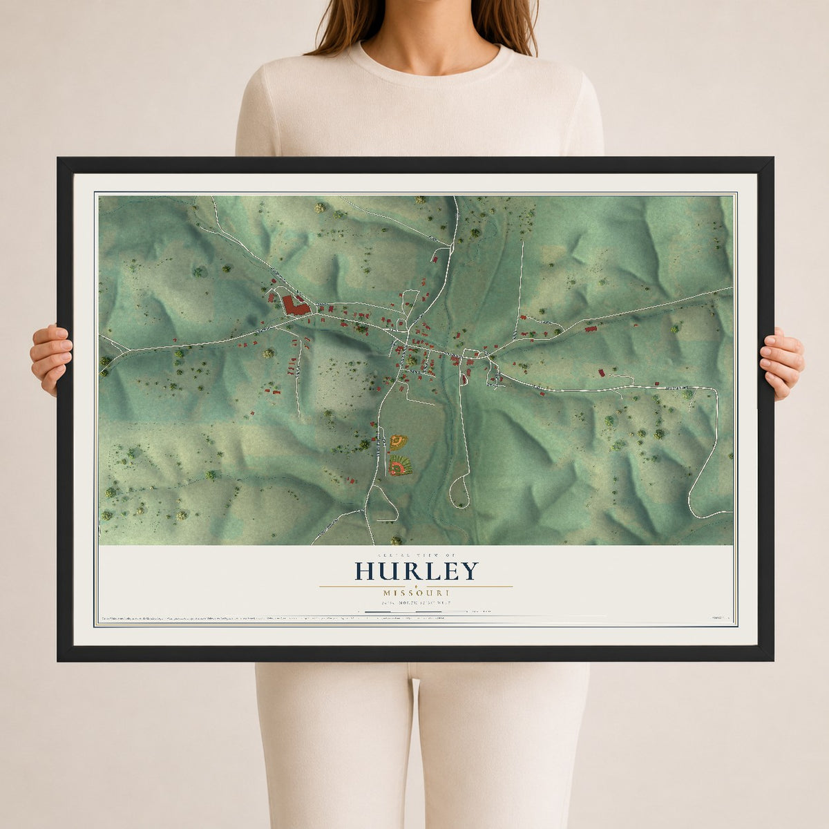Map of Hurley, Missouri, 24 x 36 inch print in a black wood frame