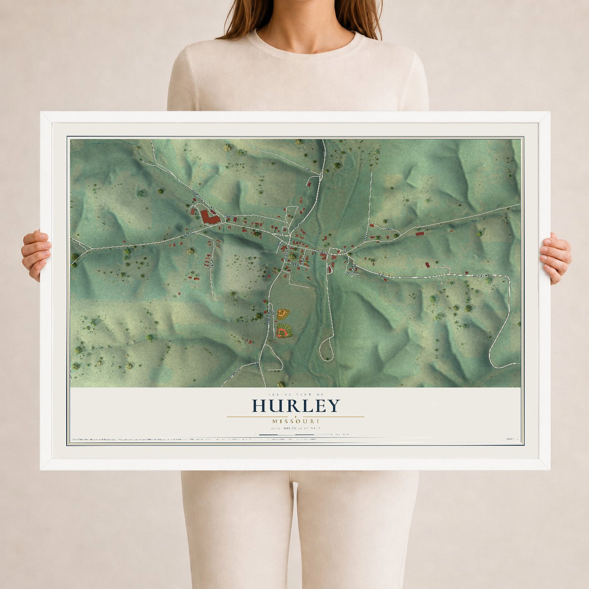 Map of Hurley, Missouri, 24 x 36 inch print in a white wood frame