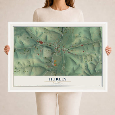 Map of Hurley, Missouri, 24 x 36 inch print in a white wood frame