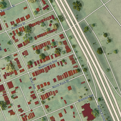 Close-up of the map of Hyde Park, Missouri print showing street and building detail