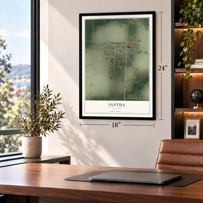 Iantha, Missouri map, 18 x 24 inch print in a black frame in a home office