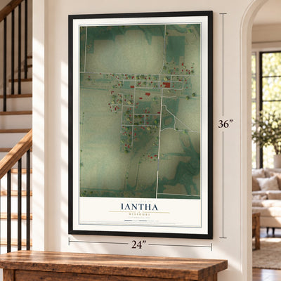 Iantha, Missouri map, 24 x 36 inch print in a black frame by a staircase