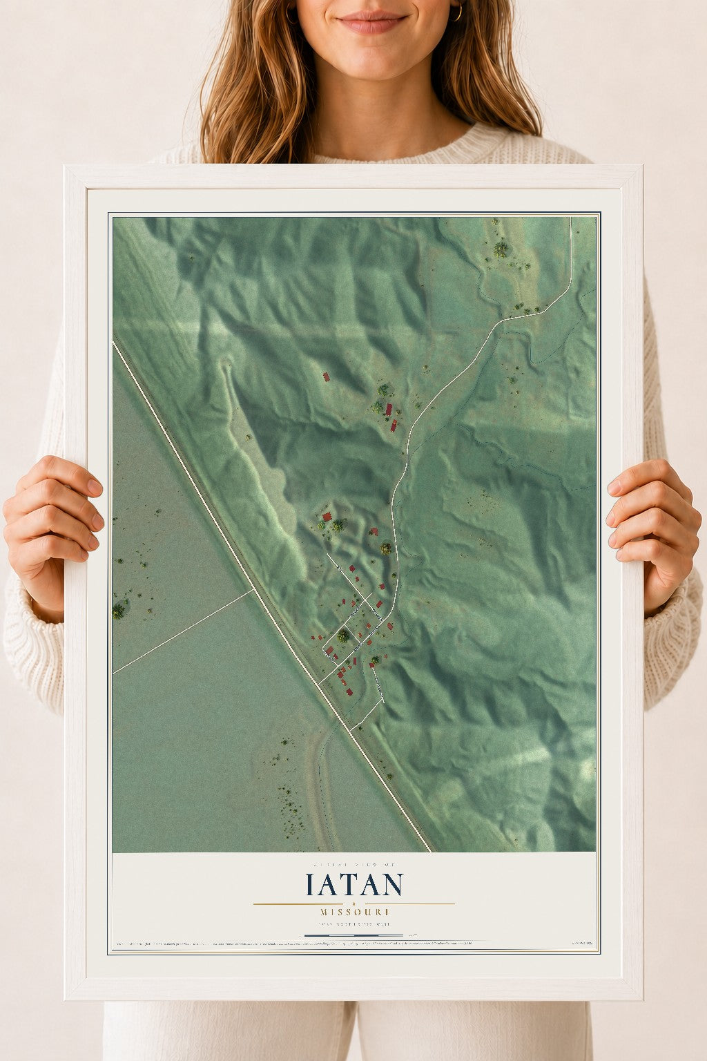 Map of Iatan, Missouri, 18 x 24 inch print in a white wood frame