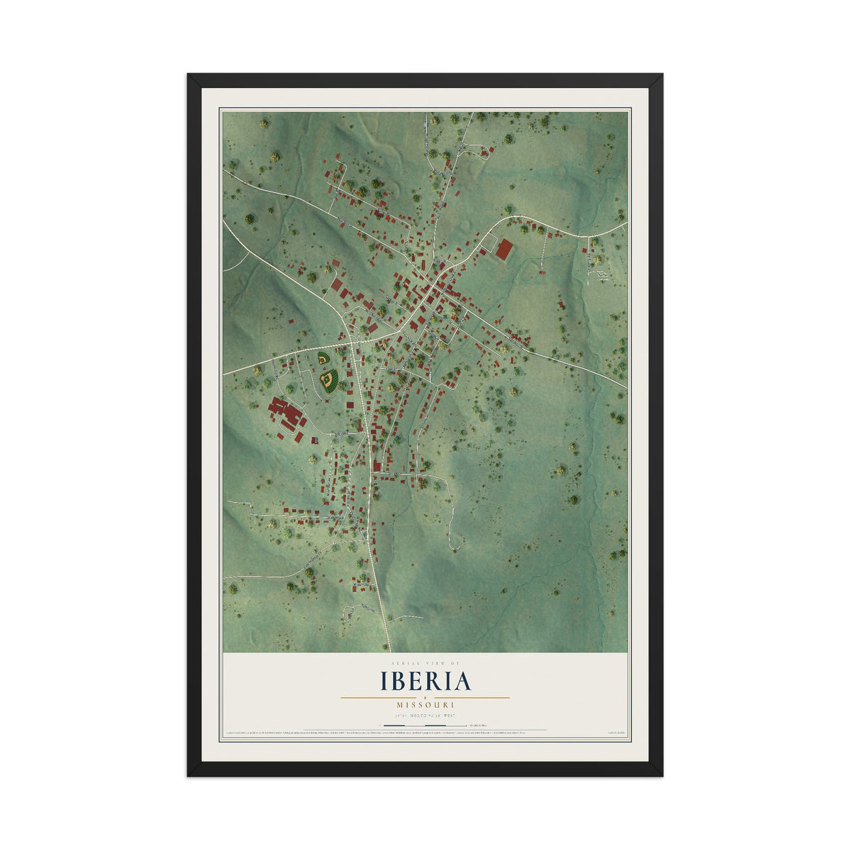 Map of Iberia, Missouri, 12 x 18 inch print in a black wood frame