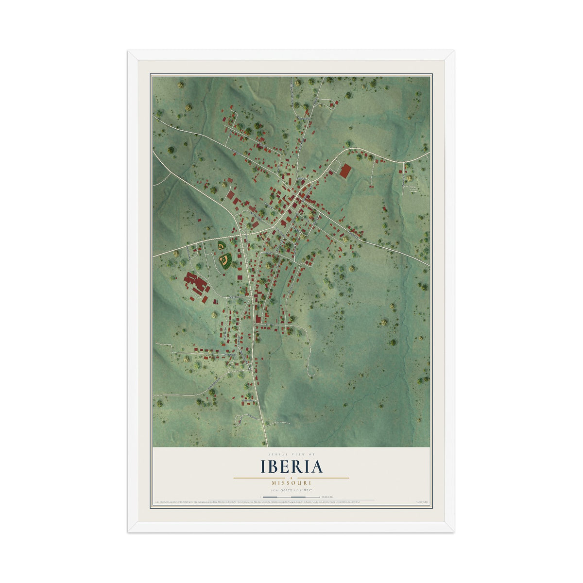 Map of Iberia, Missouri, 12 x 18 inch print in a white wood frame