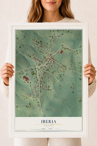 Map of Iberia, Missouri, 18 x 24 inch print in a white wood frame