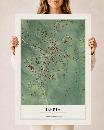 Map of Iberia, Missouri, 24 x 36 inch print in a white wood frame