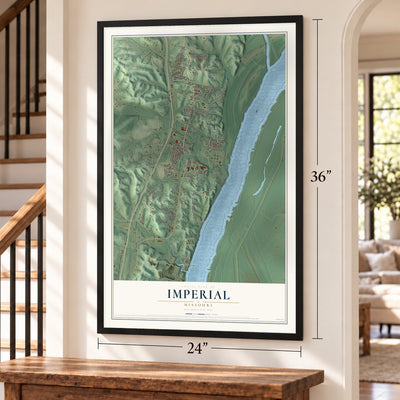 Imperial, Missouri map, 24 x 36 inch print in a black frame by a staircase