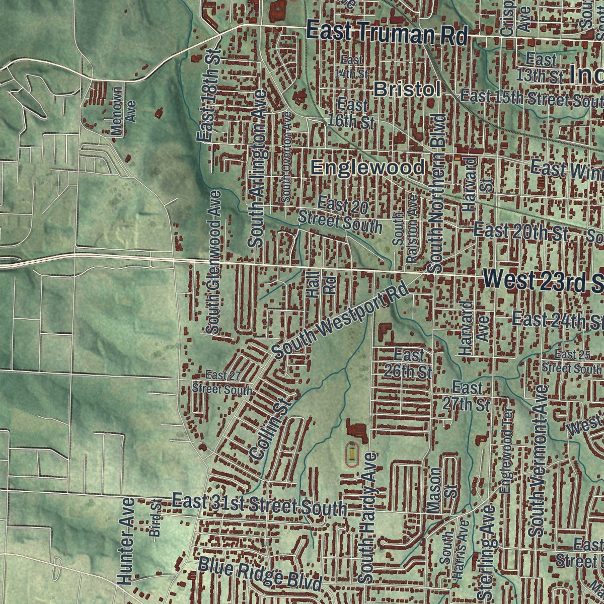 Second close-up of the map of Independence, Missouri print showing more streets and buildings