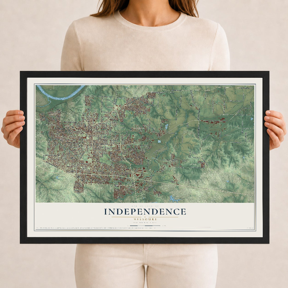 Map of Independence, Missouri, 12 x 18 inch print in a black wood frame