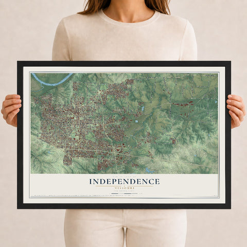 Map of Independence, Missouri, 12 x 18 inch print in a black wood frame
