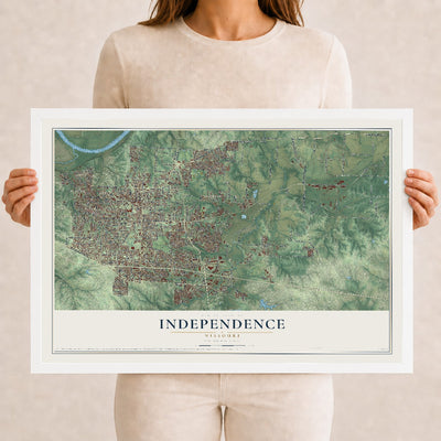 Map of Independence, Missouri, 12 x 18 inch print in a white wood frame