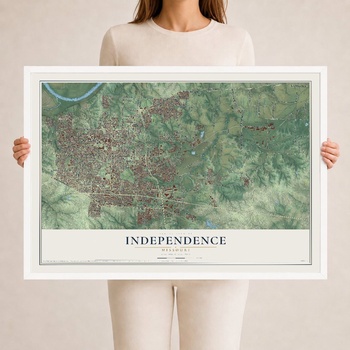 Map of Independence, Missouri, 24 x 36 inch print in a white wood frame