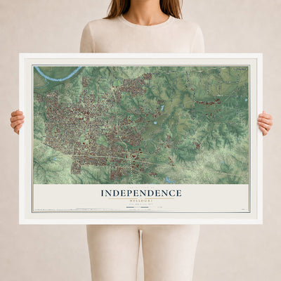 Map of Independence, Missouri, 24 x 36 inch print in a white wood frame