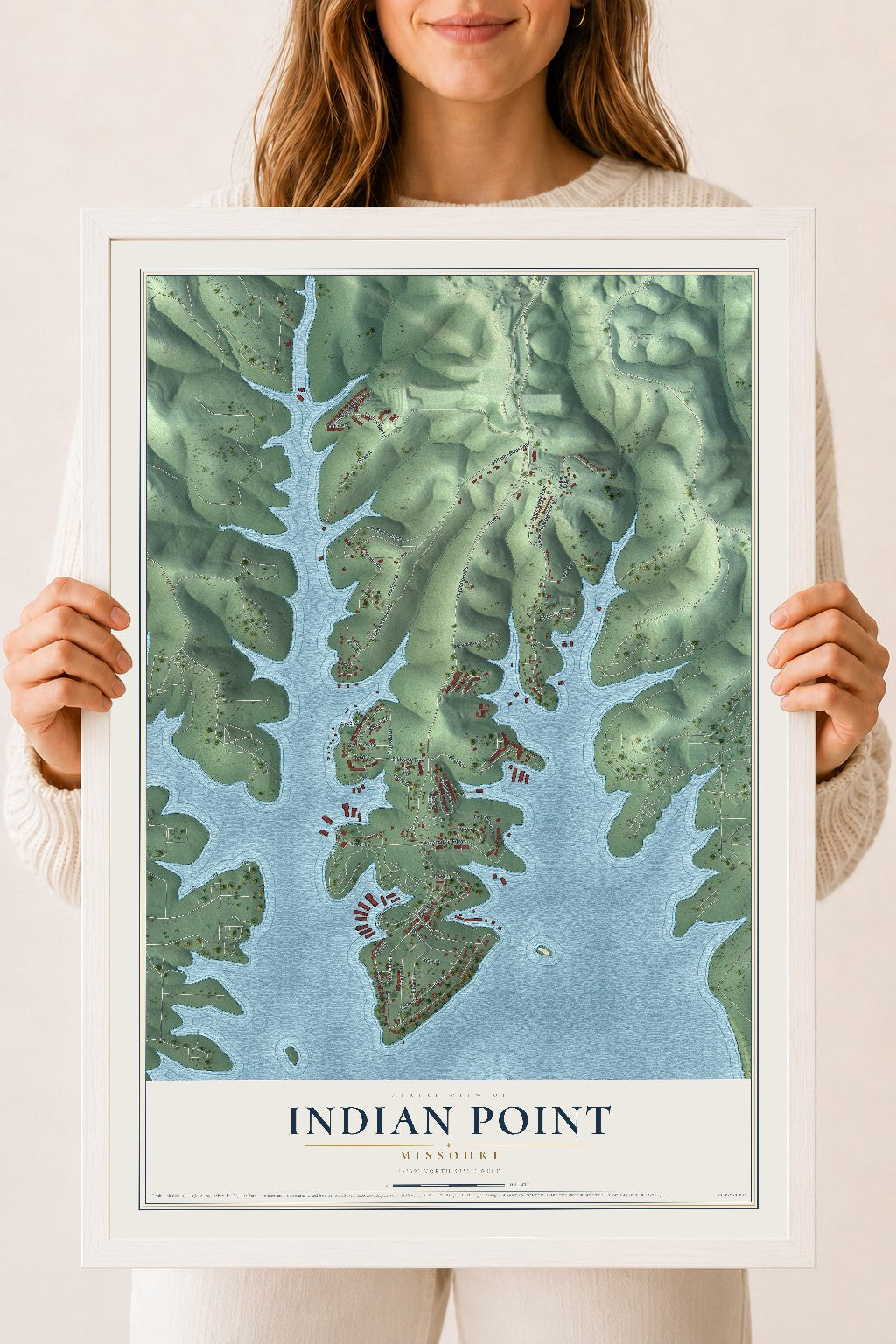 Map of Indian Point, Missouri, 18 x 24 inch print in a white wood frame