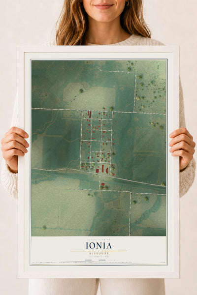 Map of Ionia, Missouri, 18 x 24 inch print in a white wood frame