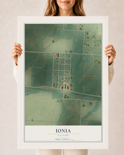 Map of Ionia, Missouri, 24 x 36 inch print in a white wood frame
