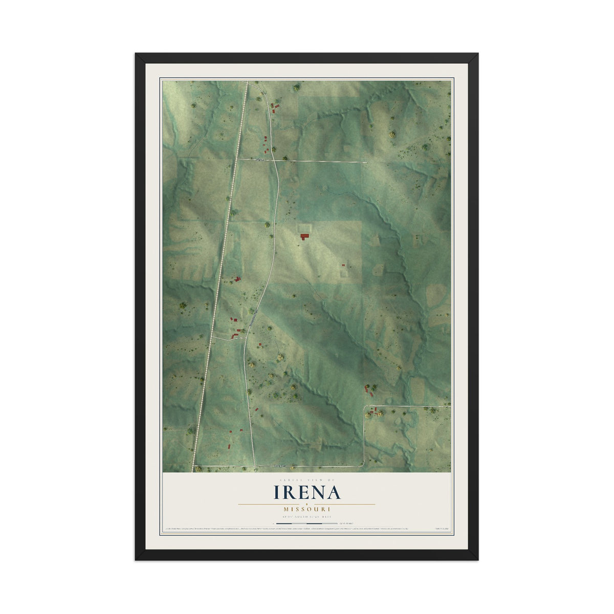Map of Irena, Missouri, 12 x 18 inch print in a black wood frame