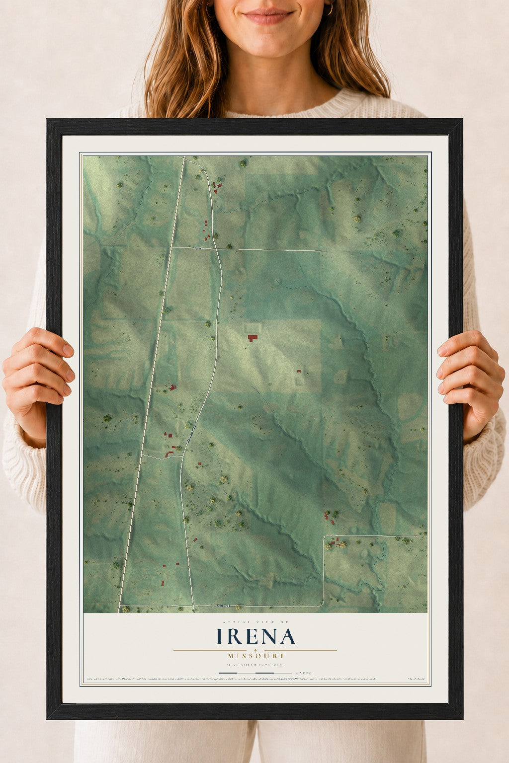 Map of Irena, Missouri, 18 x 24 inch print in a black wood frame