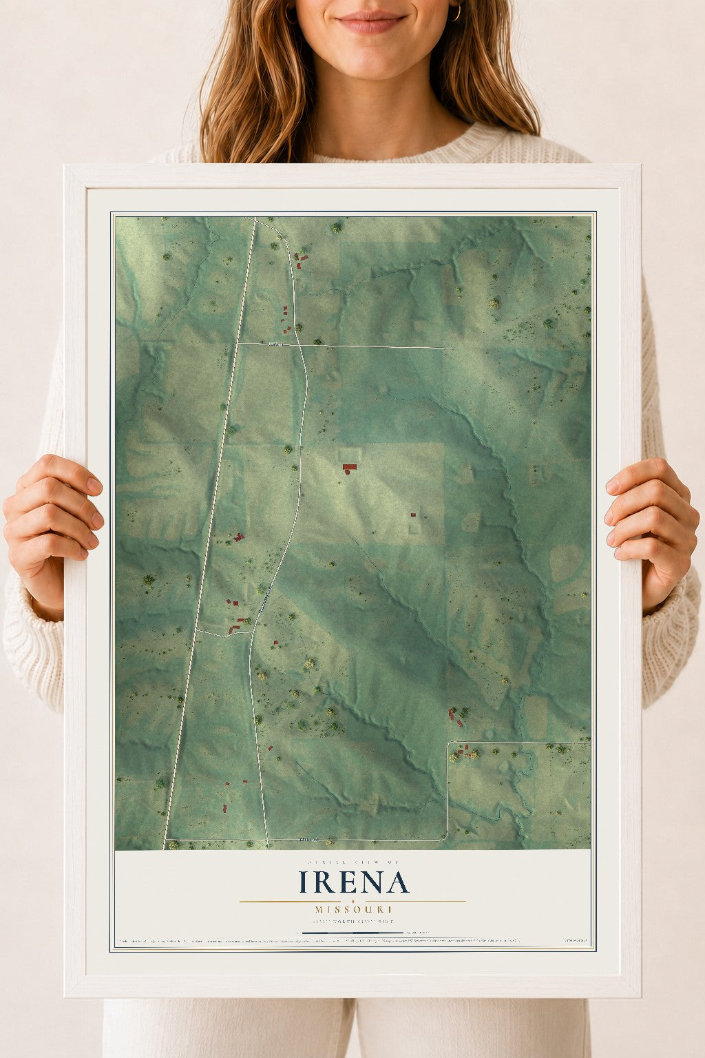 Map of Irena, Missouri, 18 x 24 inch print in a white wood frame