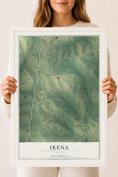 Map of Irena, Missouri, 18 x 24 inch print in a white wood frame