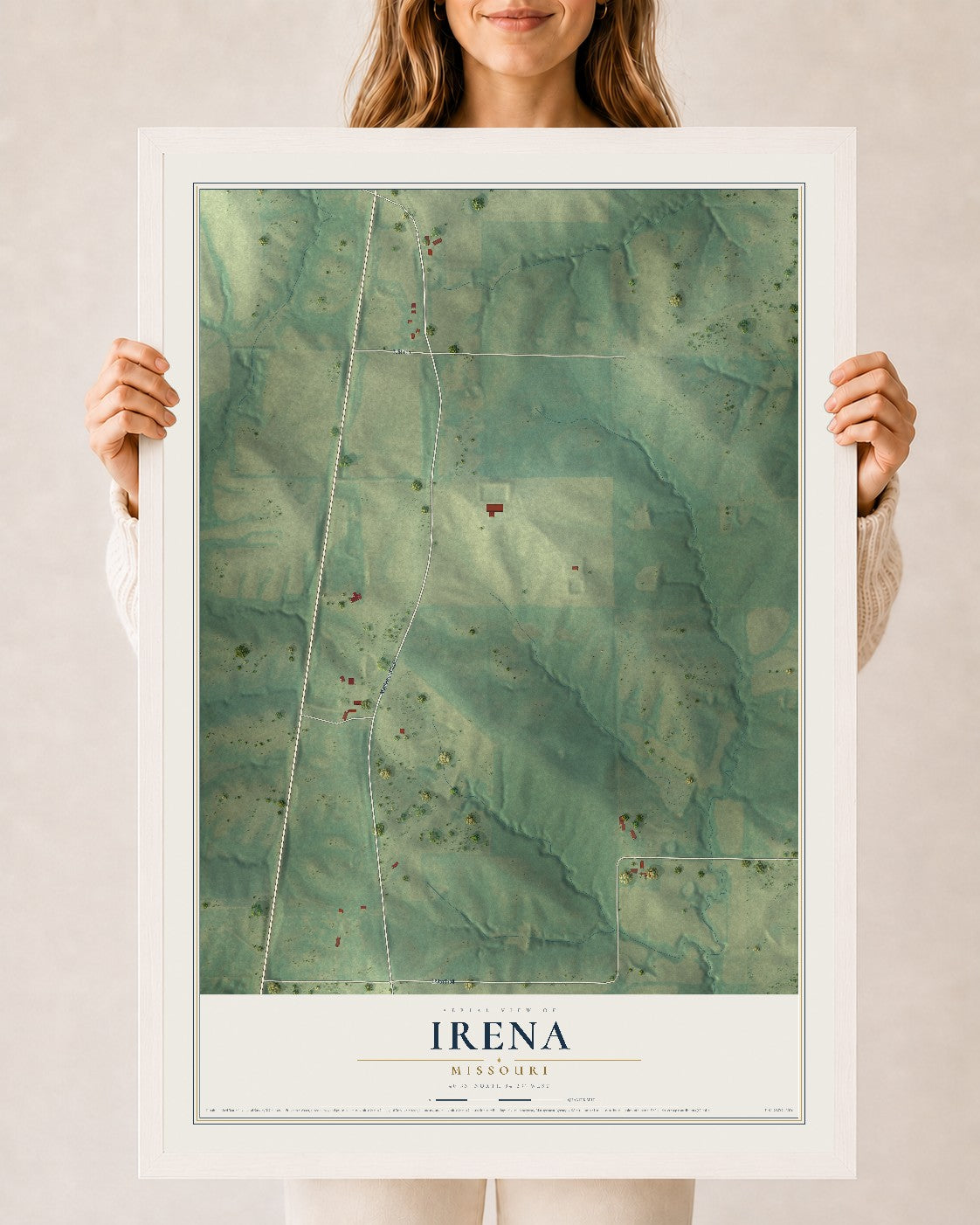 Map of Irena, Missouri, 24 x 36 inch print in a white wood frame
