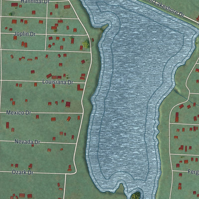 Close-up of the map of Iron Mountain Lake, Missouri print showing street and building detail