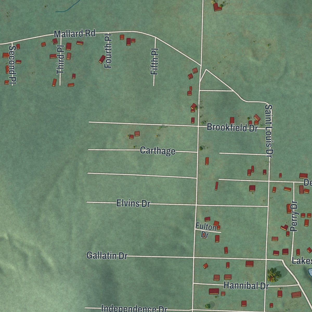 Second close-up of the map of Iron Mountain Lake, Missouri print showing more streets and buildings