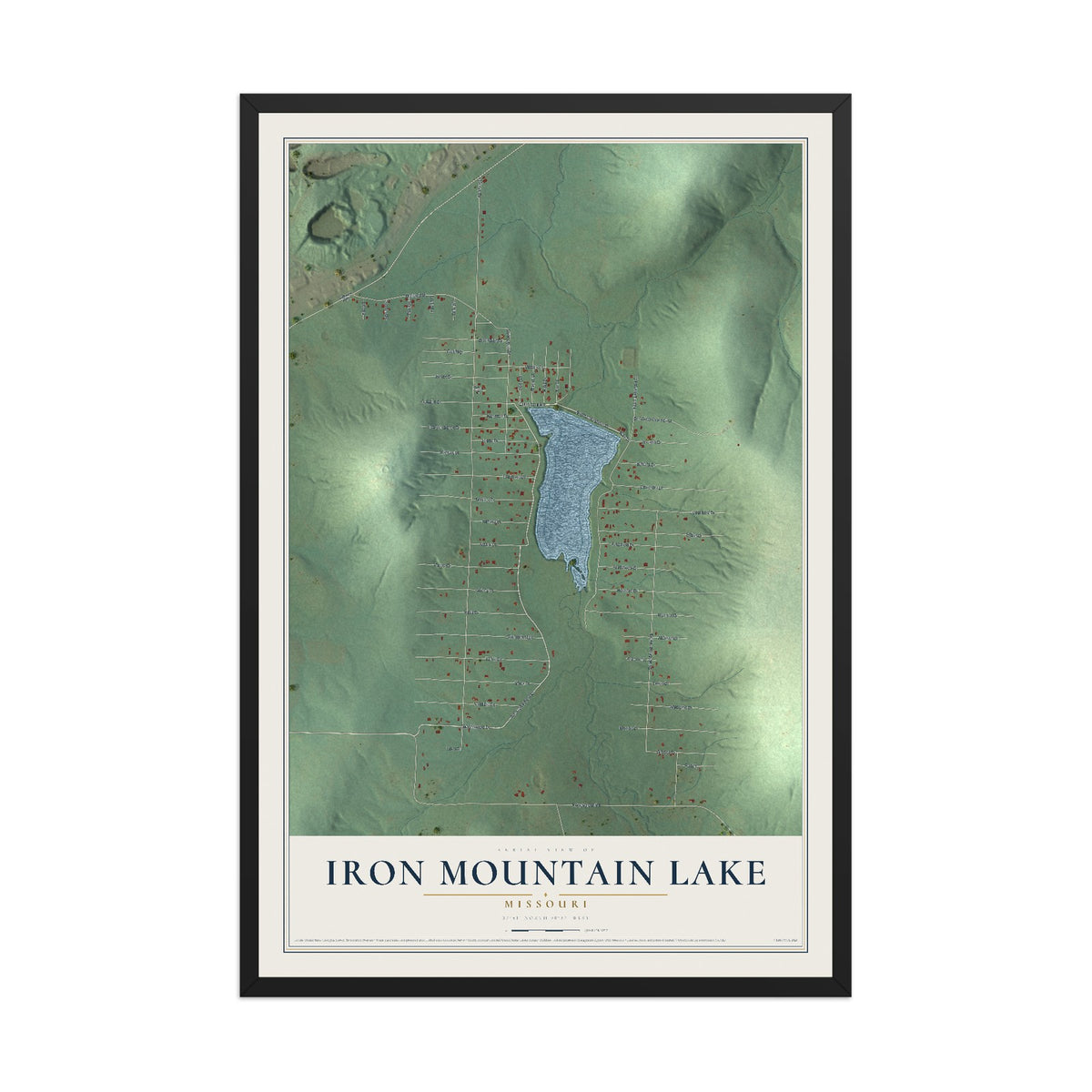 Map of Iron Mountain Lake, Missouri, 12 x 18 inch print in a black wood frame