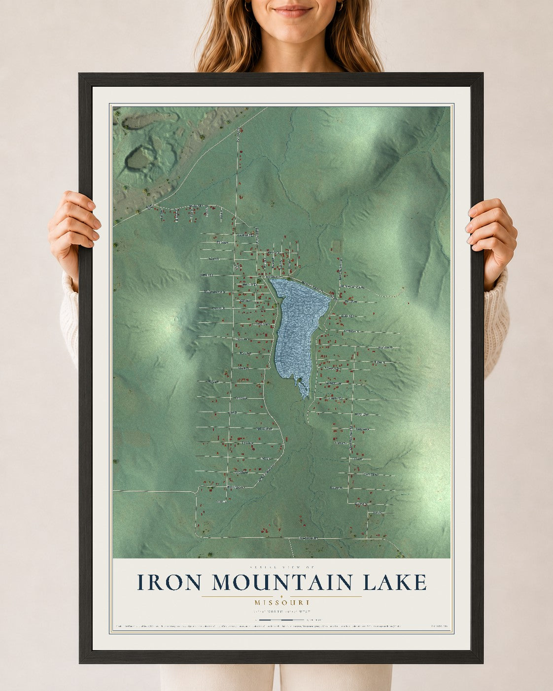 Map of Iron Mountain Lake, Missouri, 24 x 36 inch print in a black wood frame
