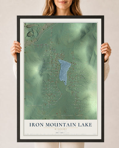 Map of Iron Mountain Lake, Missouri, 24 x 36 inch print in a black wood frame