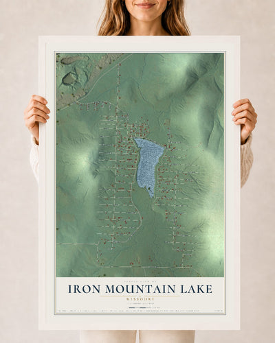Map of Iron Mountain Lake, Missouri, 24 x 36 inch print in a white wood frame