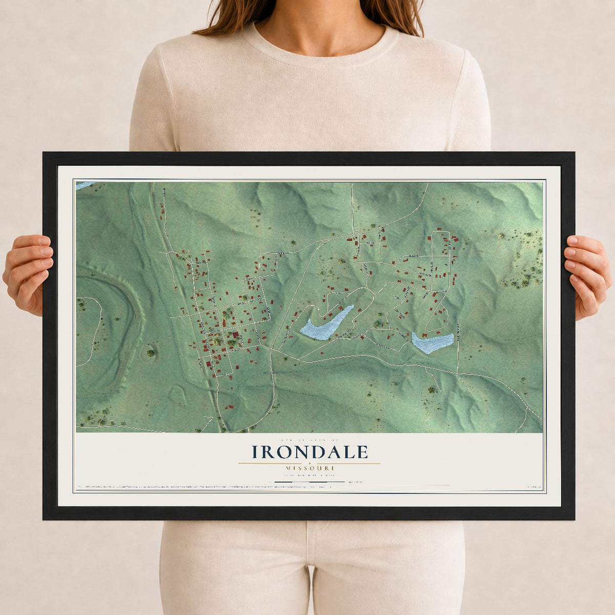 Map of Irondale, Missouri, 12 x 18 inch print in a black wood frame