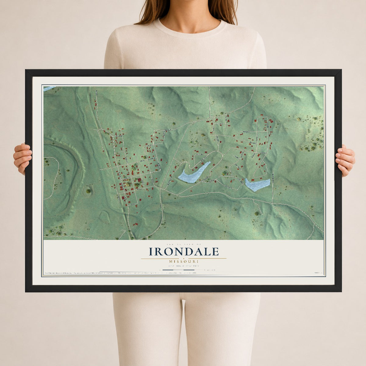 Map of Irondale, Missouri, 24 x 36 inch print in a black wood frame