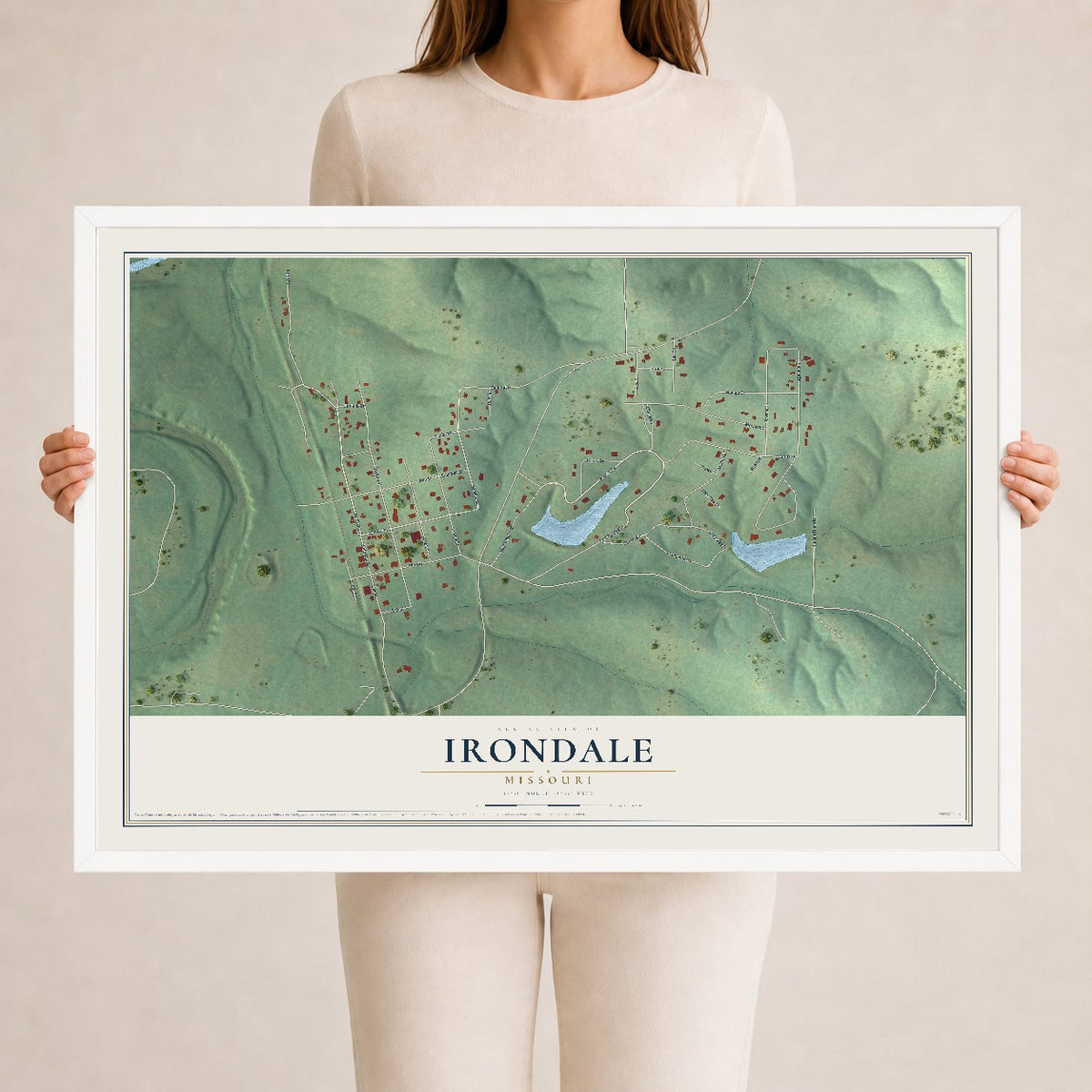 Map of Irondale, Missouri, 24 x 36 inch print in a white wood frame