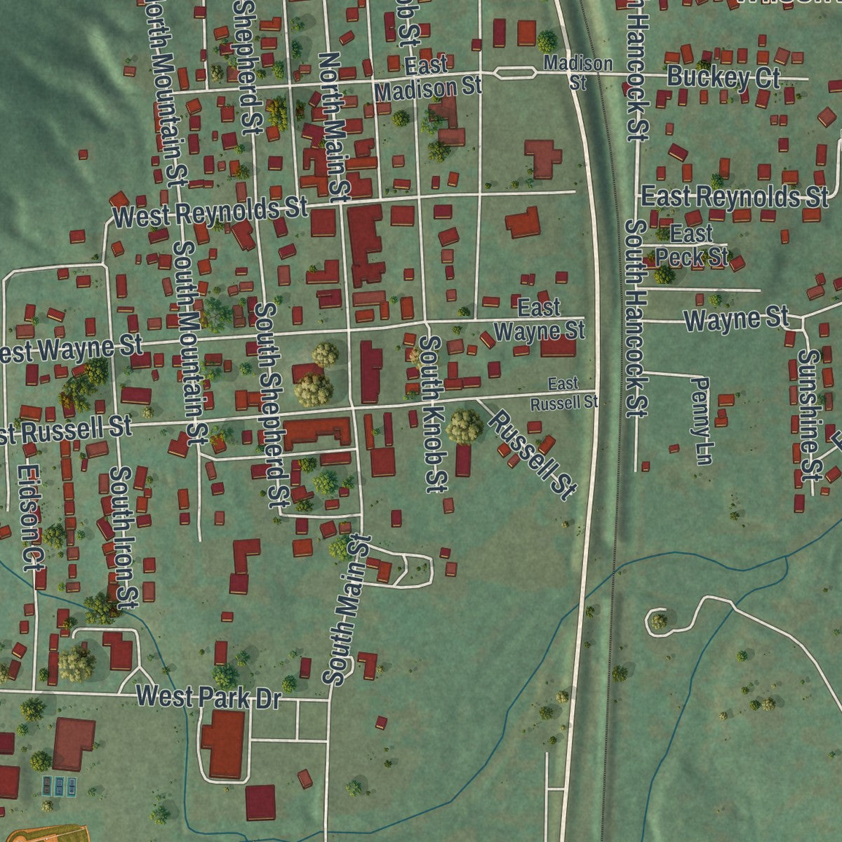 Close-up of the map of Ironton, Missouri print showing street and building detail