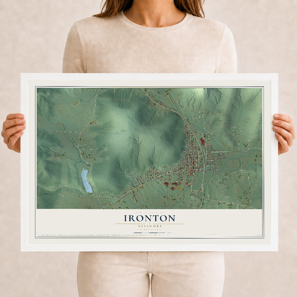 Map of Ironton, Missouri, 12 x 18 inch print in a white wood frame