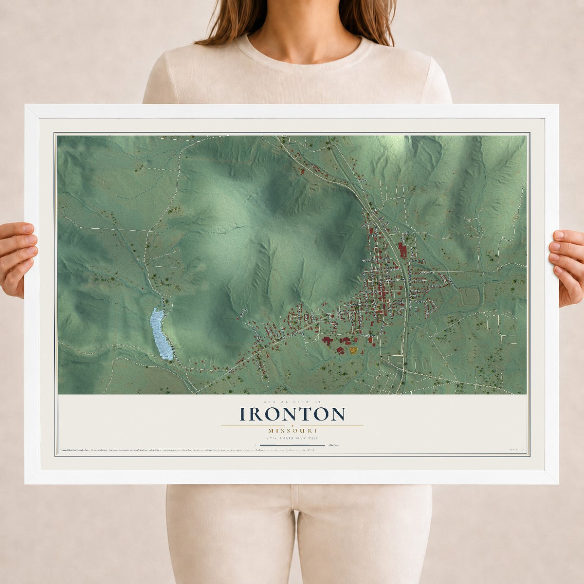 Map of Ironton, Missouri, 18 x 24 inch print in a white wood frame