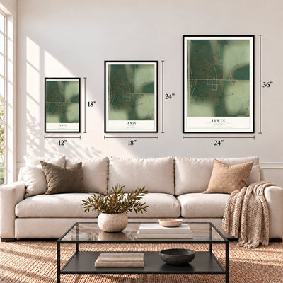 Irwin, Missouri map in 12 x 18, 18 x 24 and 24 x 36 inch sizes above a sofa