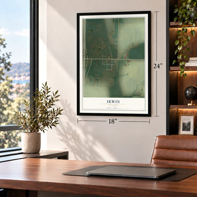 Irwin, Missouri map, 18 x 24 inch print in a black frame in a home office